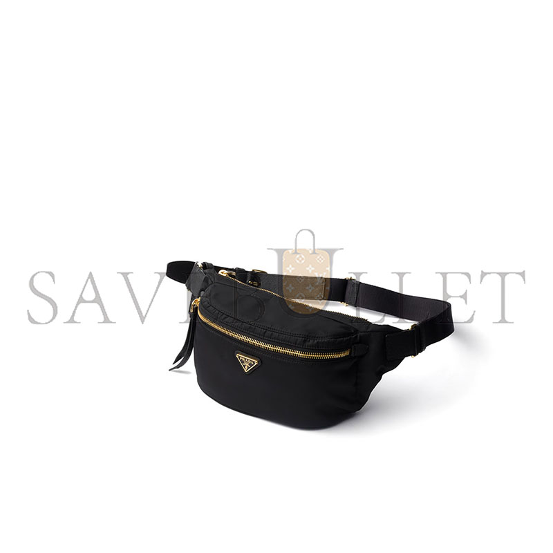 Pra*a BLACK RE-NYLON AND SAFFIANO LEATHER BELT BAG 1BL046 (34*13cm)